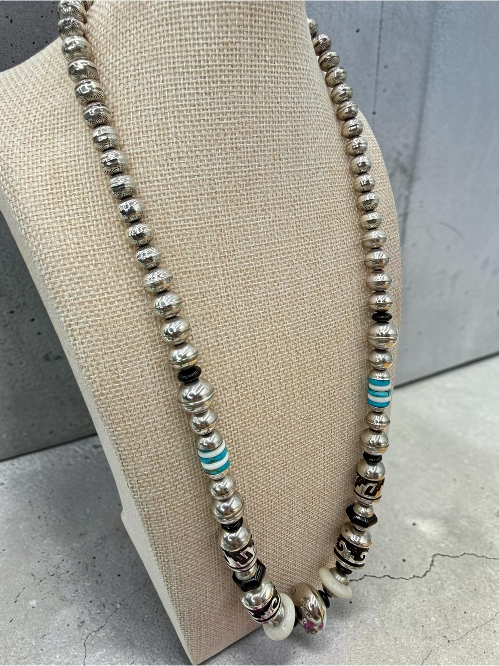 Thomas Singer Navajo Sterling Silver Turquoise Onyx MOP Bead Necklace 24” 74gram - Picture 3 of 17
